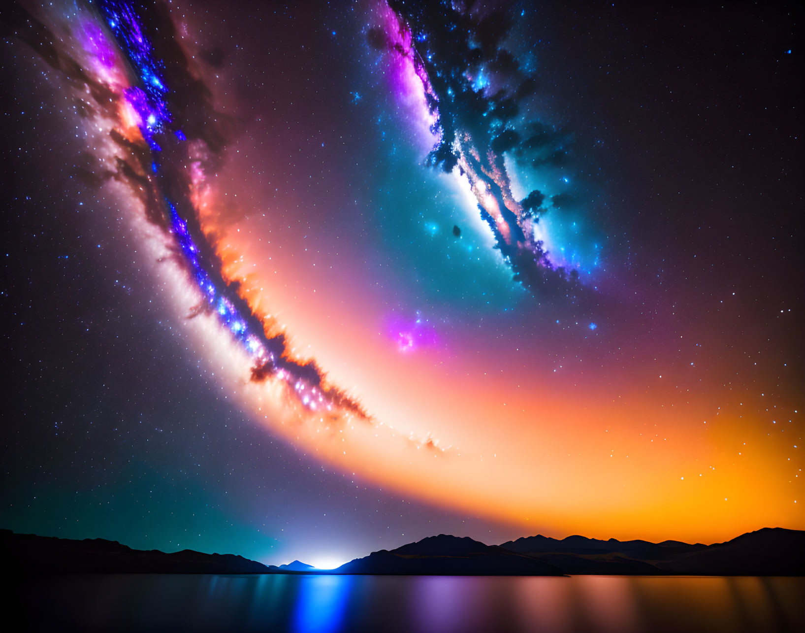 Stunning Milky Way over mountain silhouette in colorful night sky