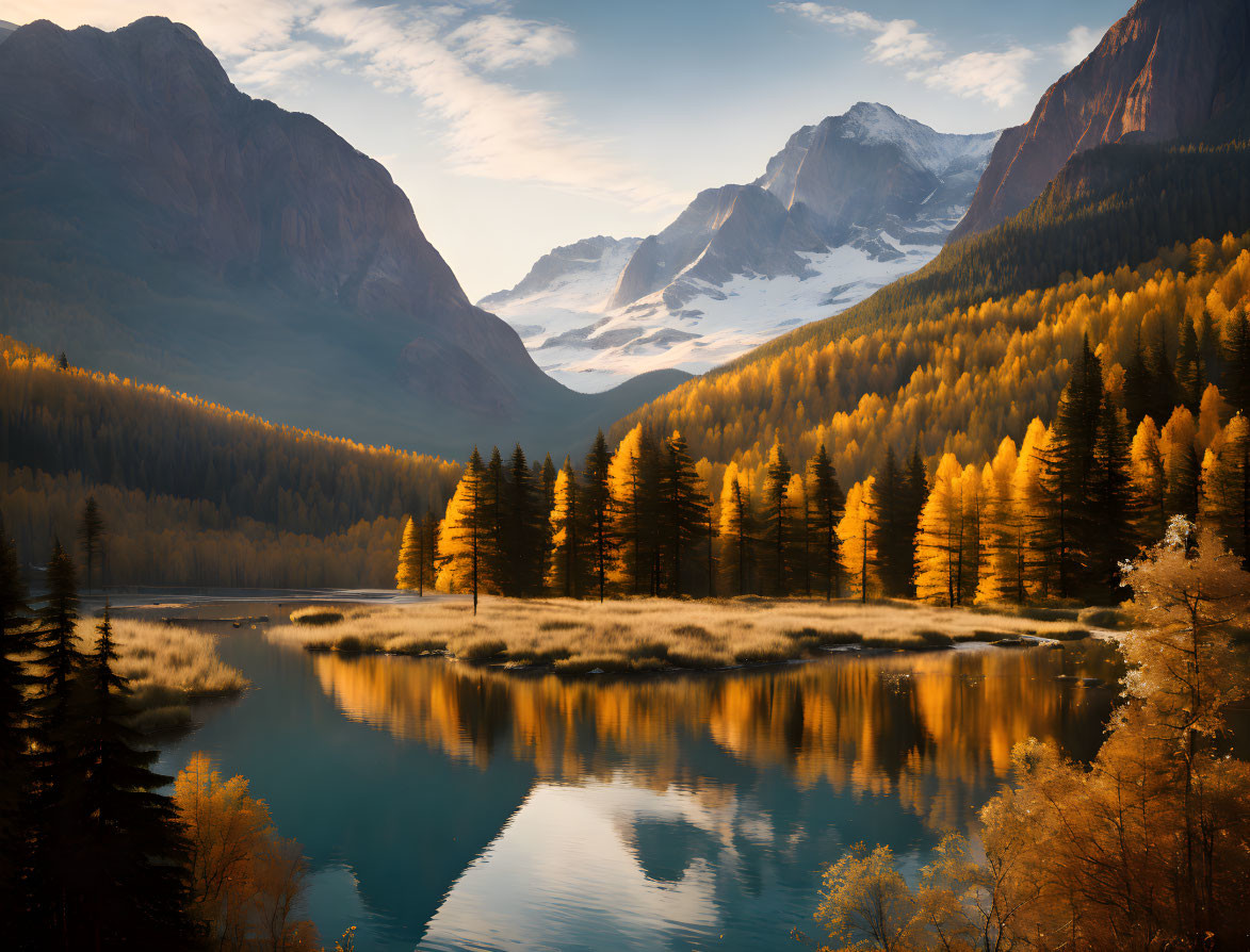 Tranquil autumn lake with golden trees and snowy mountains