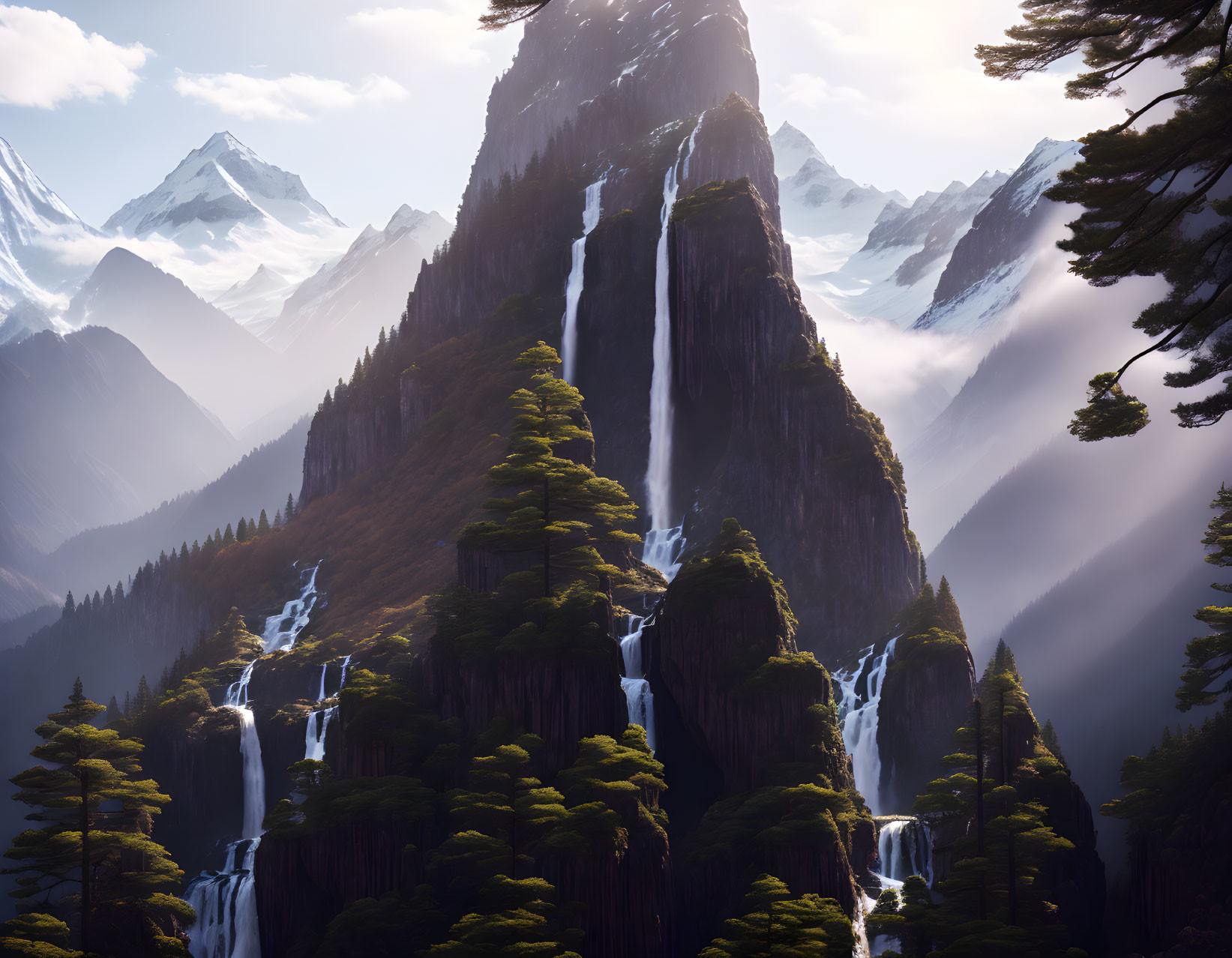 Scenic mountain peak with cascading waterfalls and misty forests