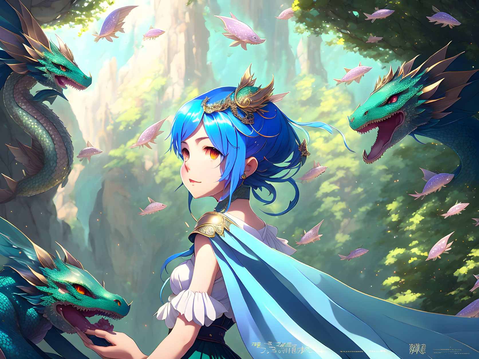 Blue-haired anime girl with dragons and fish in sunlit forest