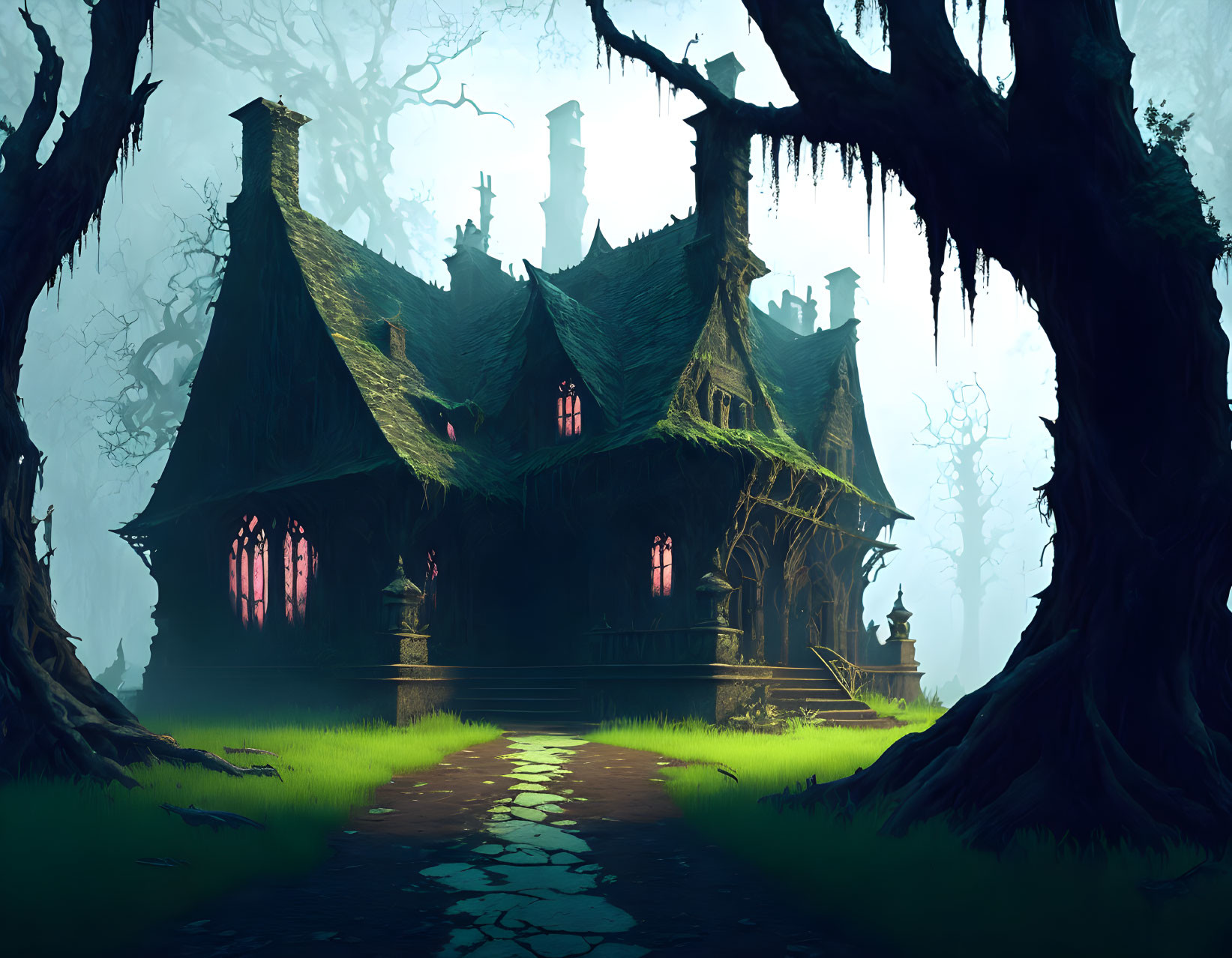 Misty forest scene: eerie old house with glowing windows