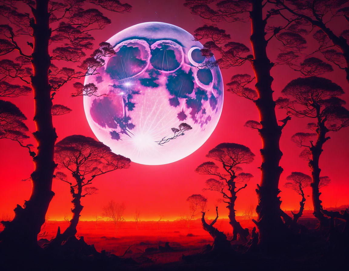 Vibrant red skies over silhouetted trees and intricate moon