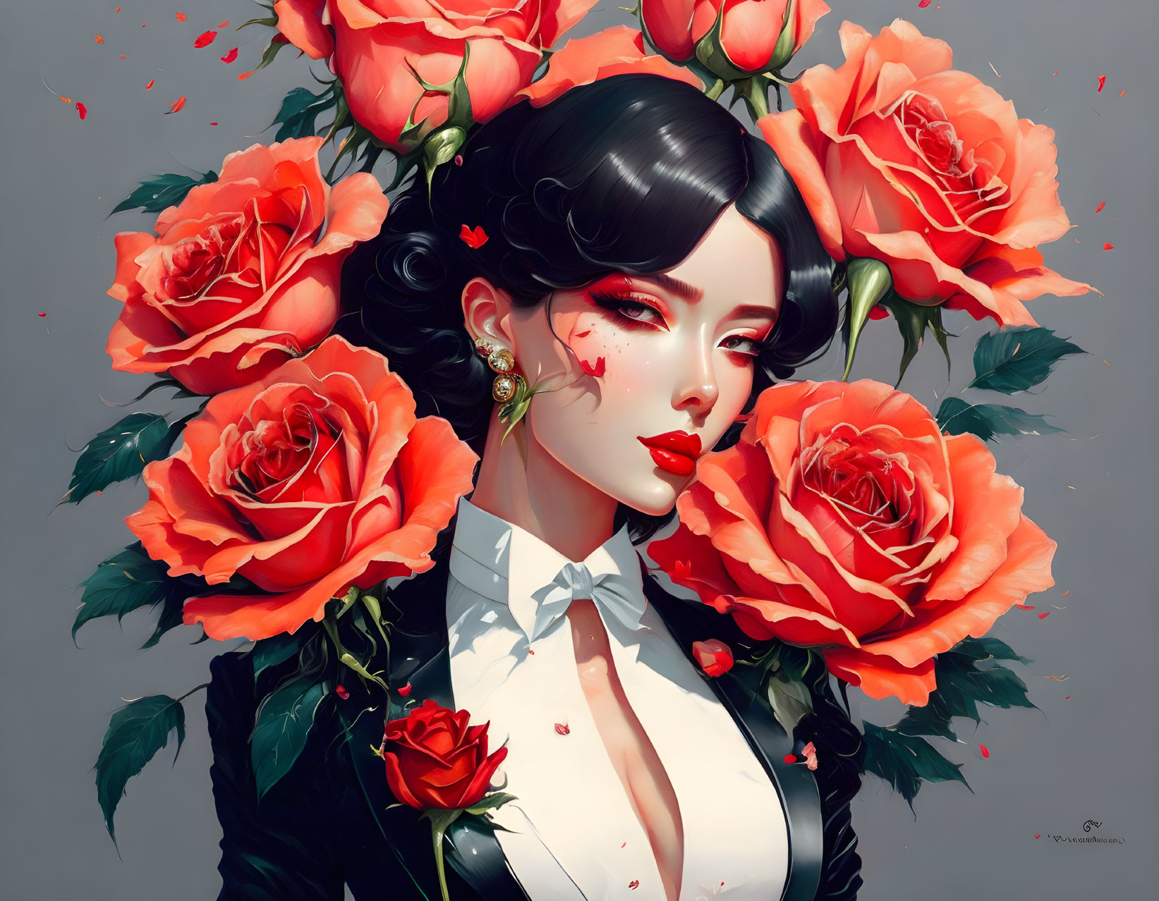 Illustrated woman with dark hair and orange roses, white shirt, and red accents