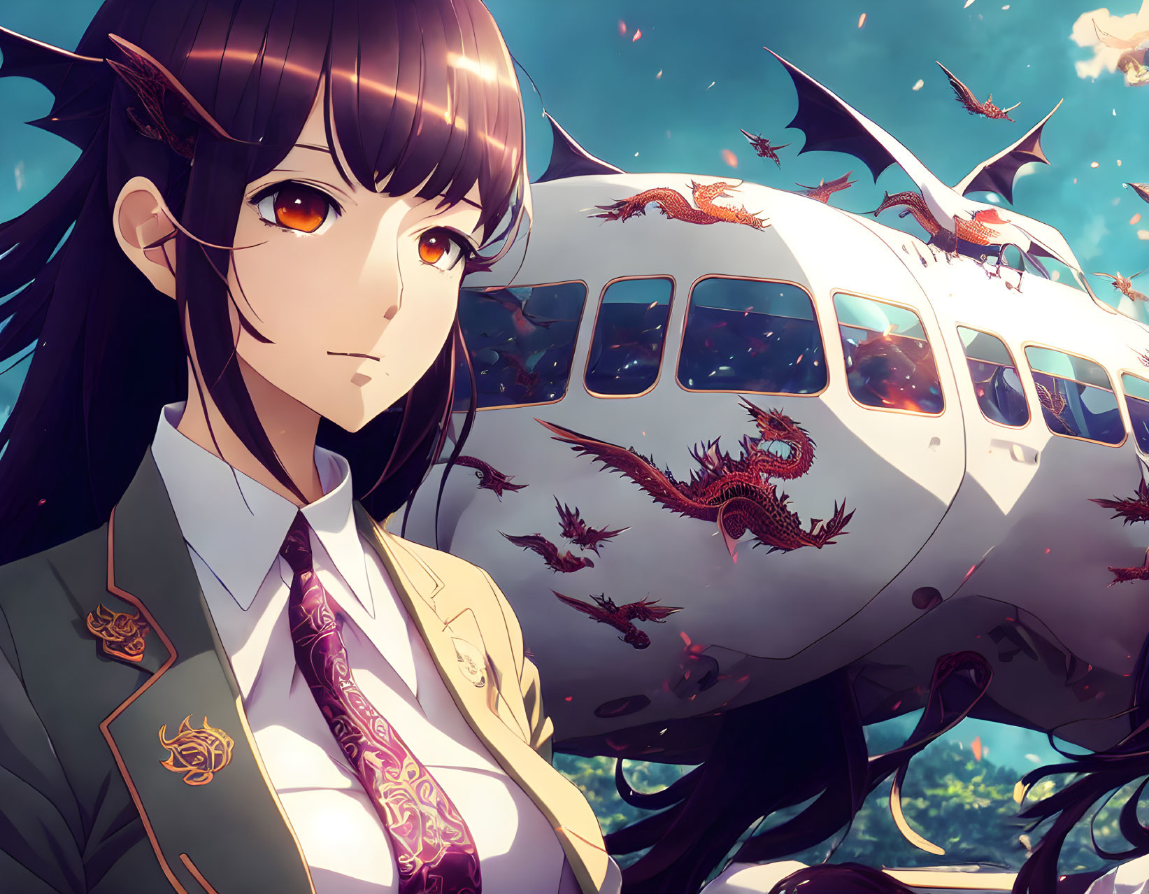 Illustration of woman in uniform with long dark hair, set against plane and dragons.