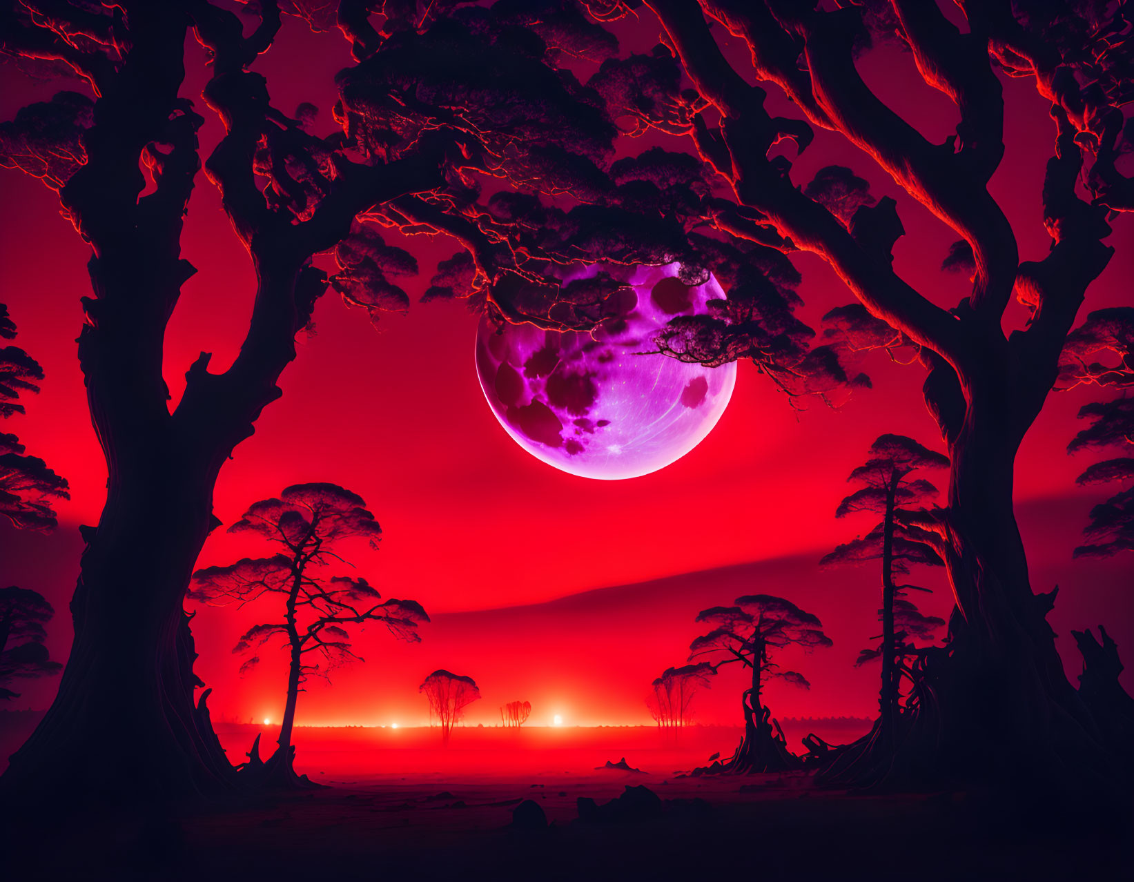 Surreal red landscape with silhouetted trees and purple moon