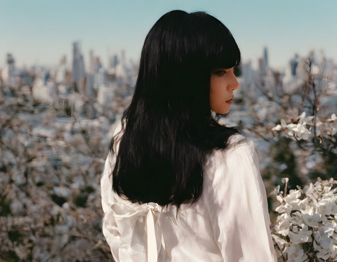 Profile of woman with dark hair in white blouse among white flowers against blurred cityscape