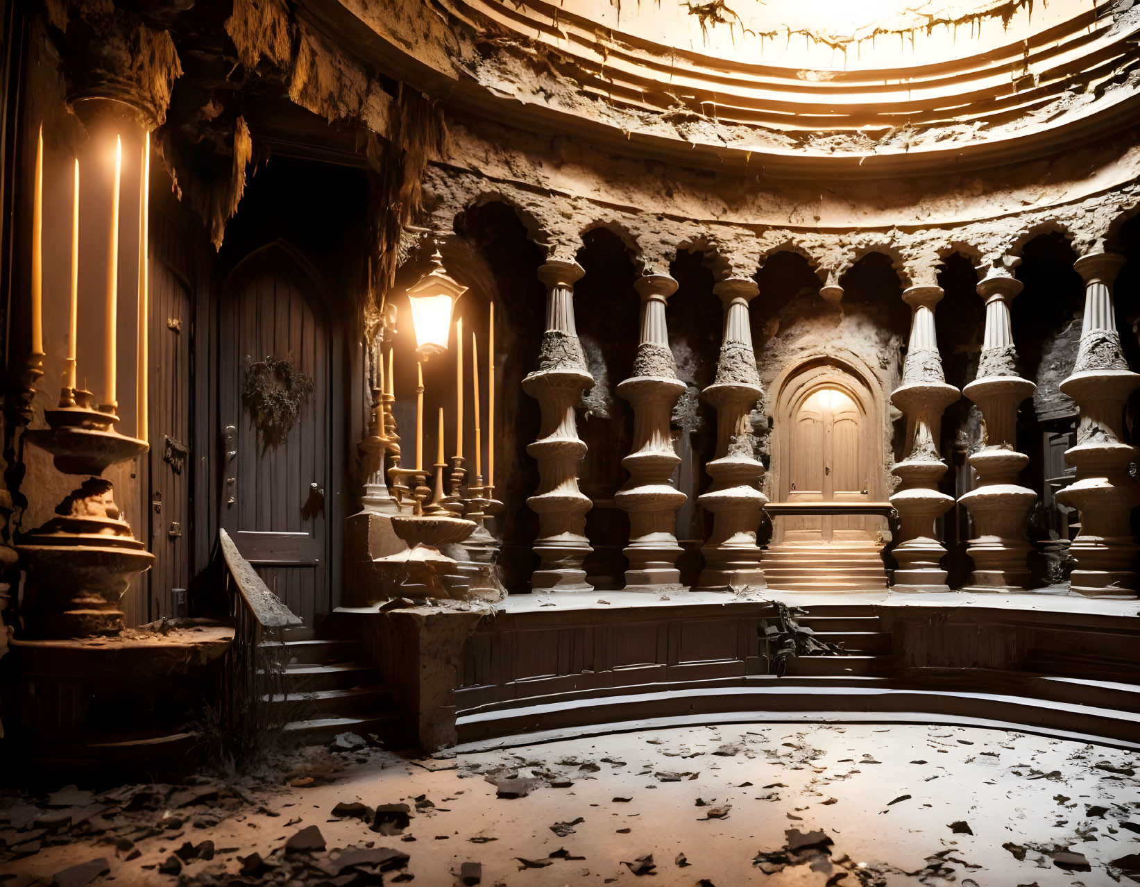 Circular snow-filled room with columns, staircase, closed door, warm light