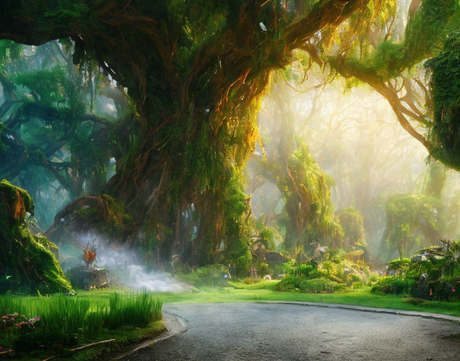 Enchanting forest path with lush greenery and ethereal sunlight.