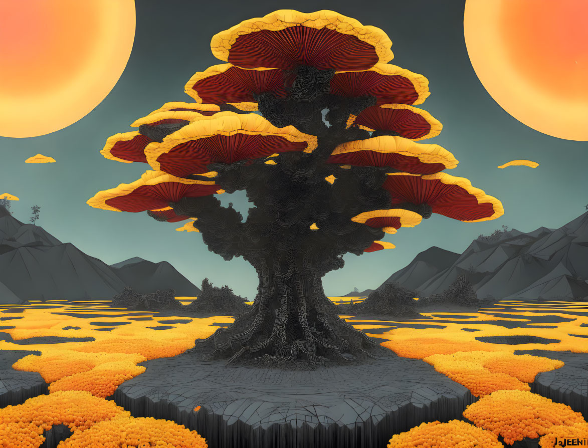 Surreal illustration: Giant tree with mushroom-like canopy and twin suns in landscape