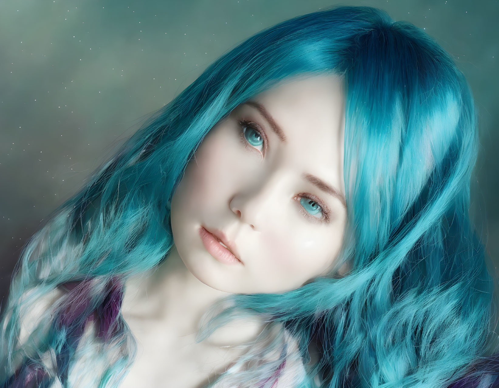 Striking turquoise hair and pale eyes against ethereal background