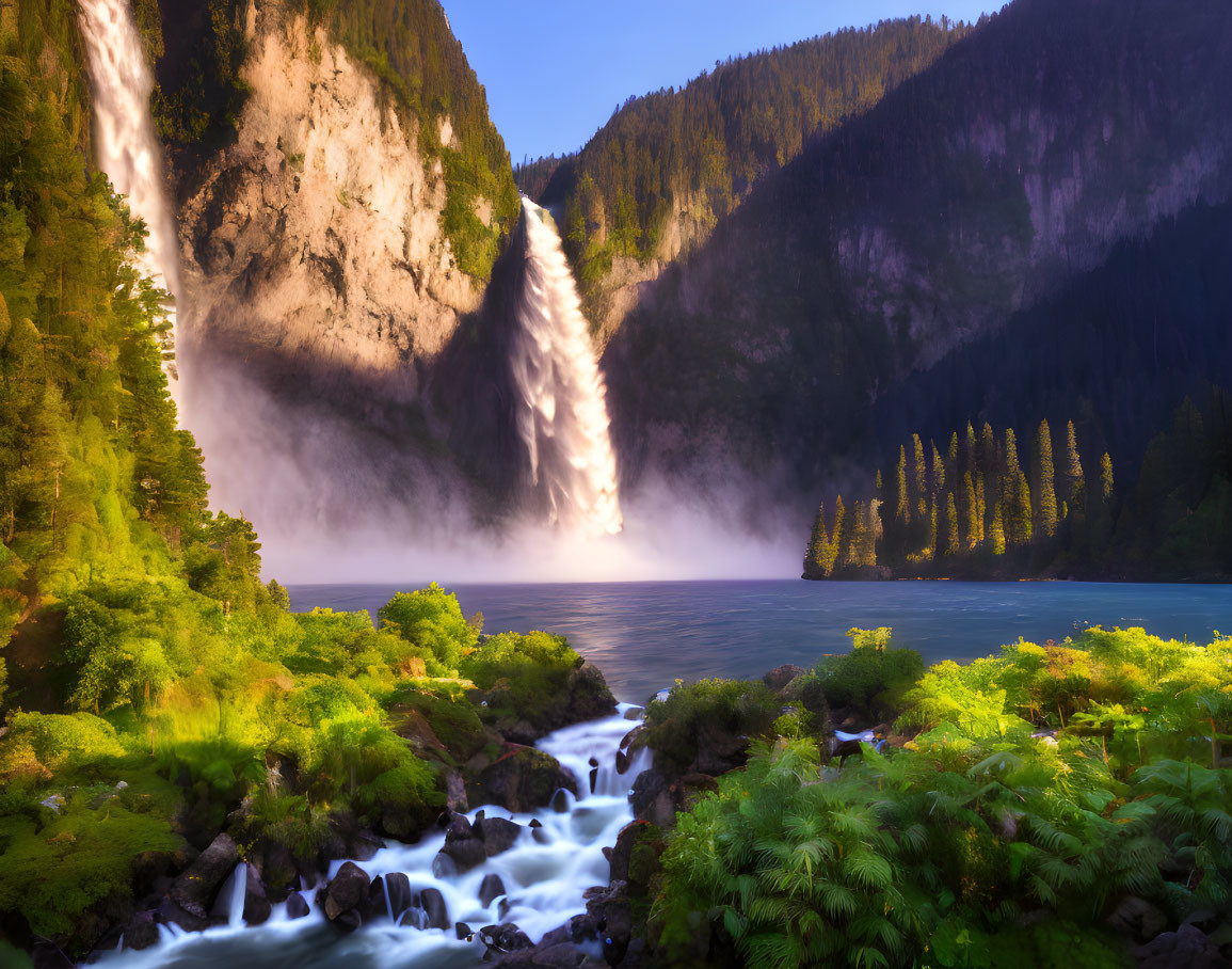 Majestic waterfall cascading into misty lake in lush valley