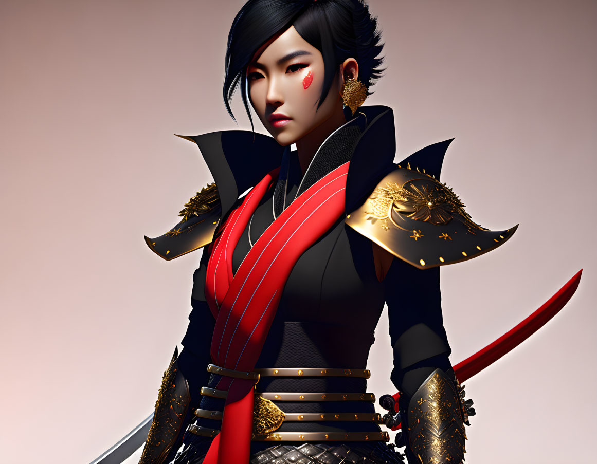 Warrior woman 3D illustration in black and gold armor with red sword