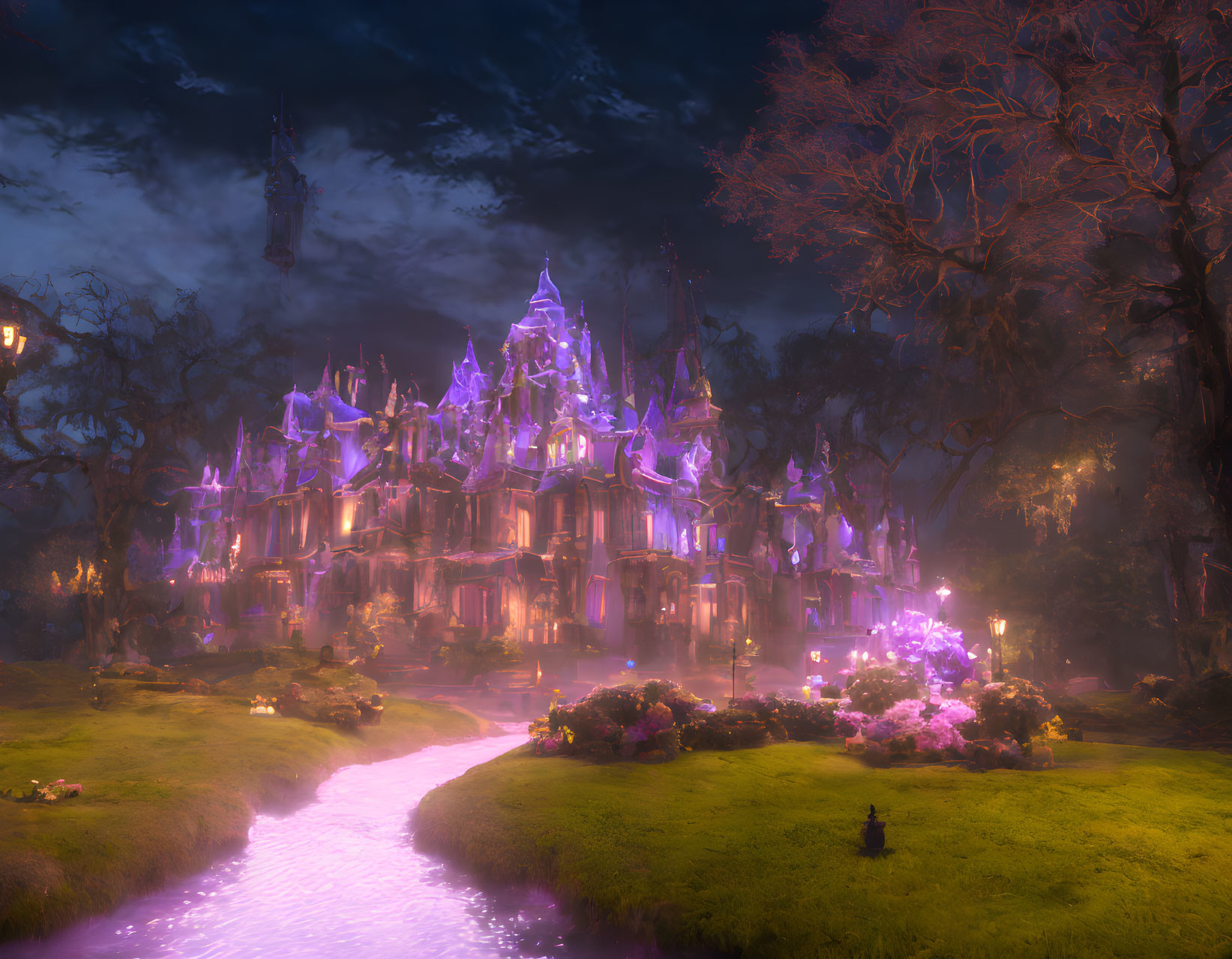 Enchanting glowing castle in purple hues amidst mystical forest