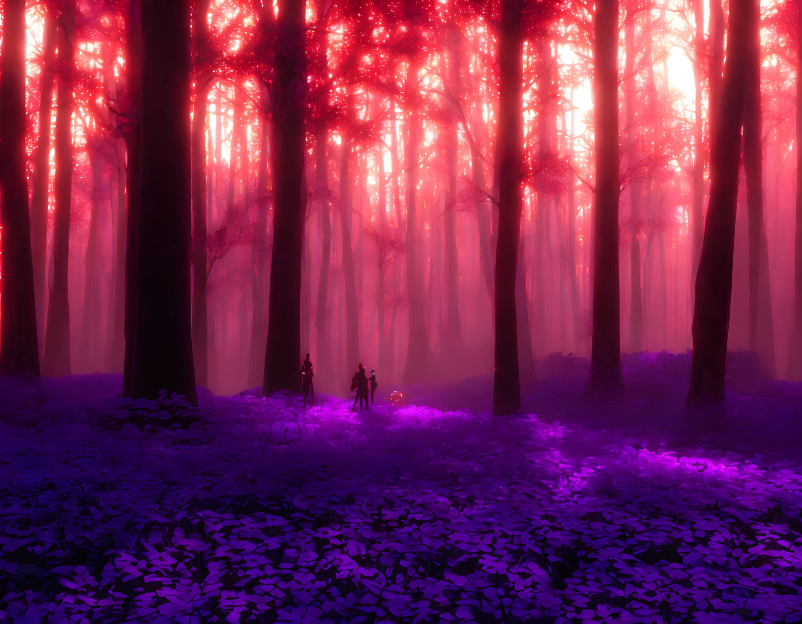 Mystical purple and red-lit forest with two people standing among flowers