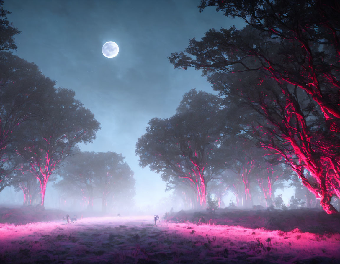 Misty forest at night with red-lit trees under large moon