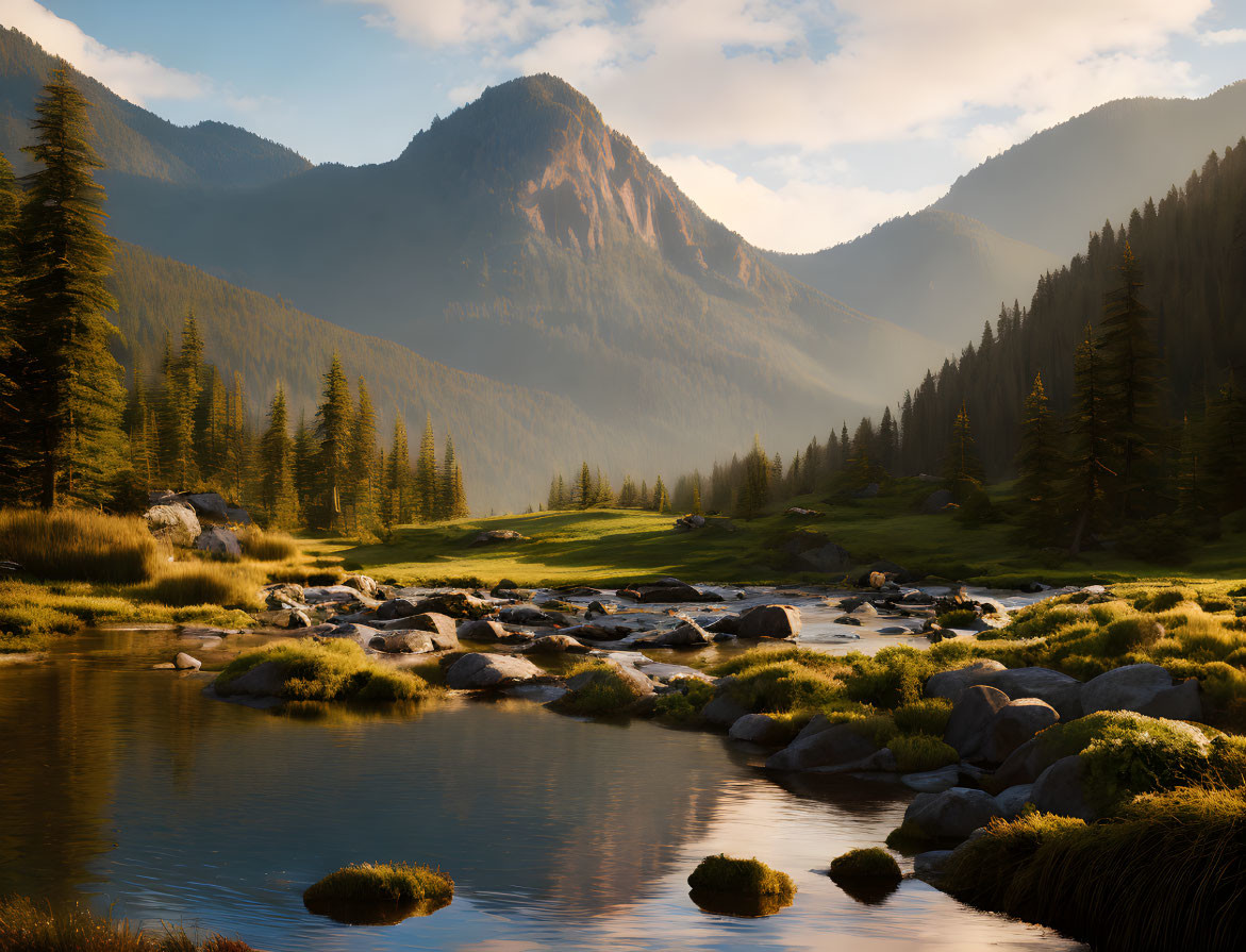 Mountain landscape with river, forested valley, and golden sunlight