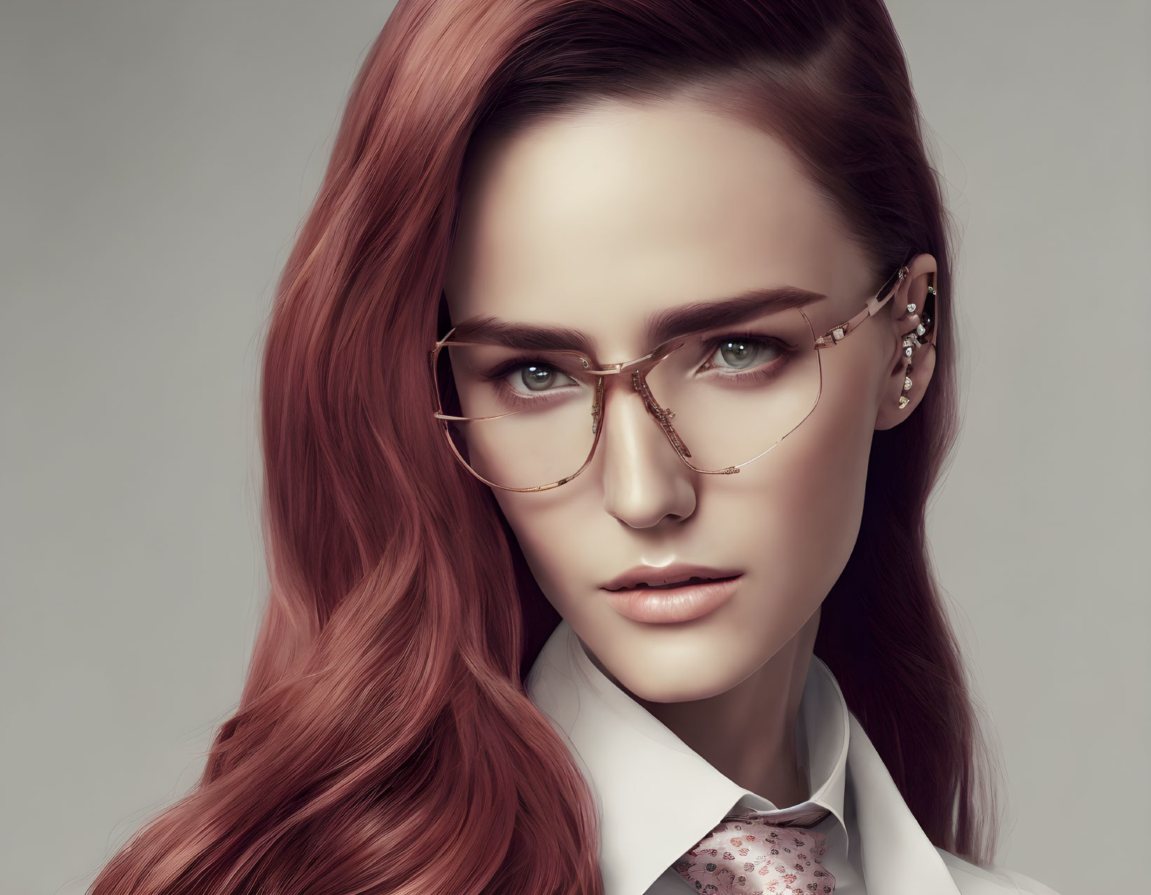 Stylish woman with auburn hair in gold glasses and patterned tie