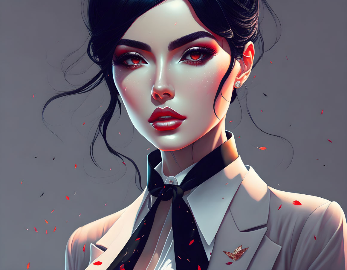 Digital portrait of woman with dark hair, red lips, light shirt, black necktie, and red