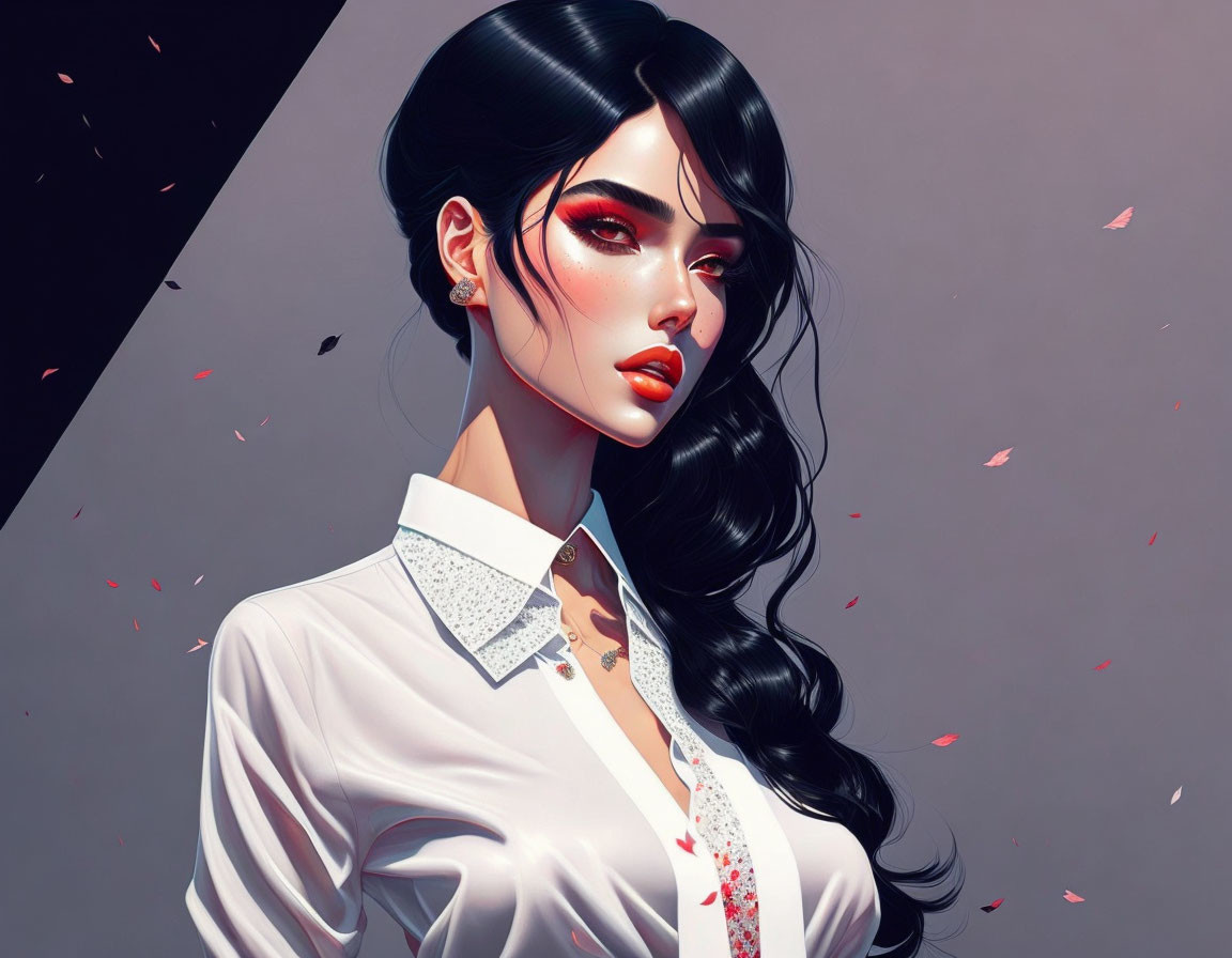 Illustrated portrait of woman with red eyeshadow, black hair, white shirt on gray background.