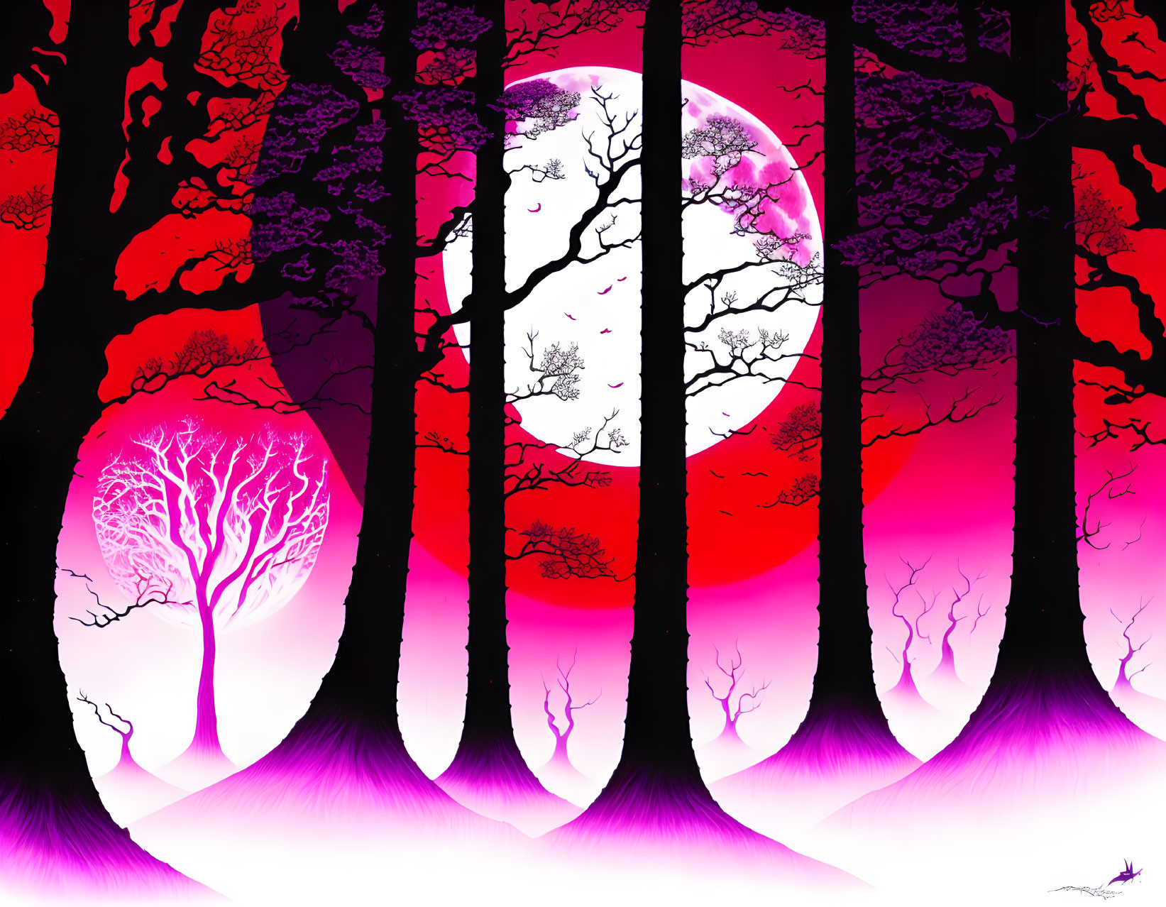 Colorful digital artwork: Pink and purple forest silhouette under a large moon in gradient sky.