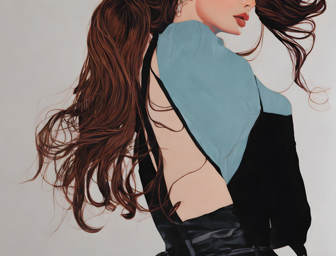 Stylized painting of woman with brown hair in teal blouse