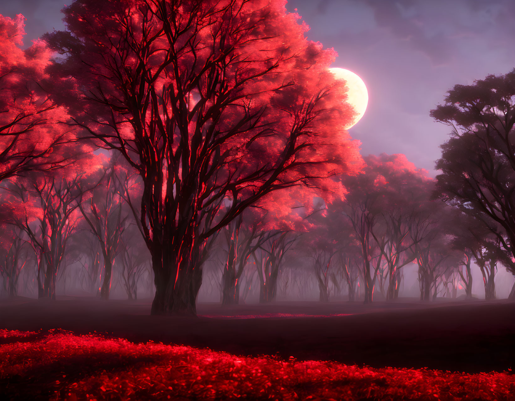 Enchanting red glow forest with full moon and misty atmosphere