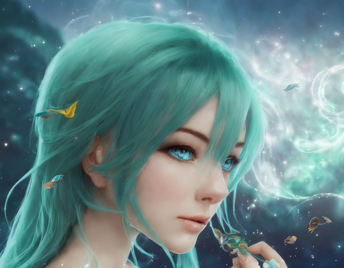 Female with Teal Hair and Blue Eyes Among Tiny Fish and Luminescent Swirls on Dark