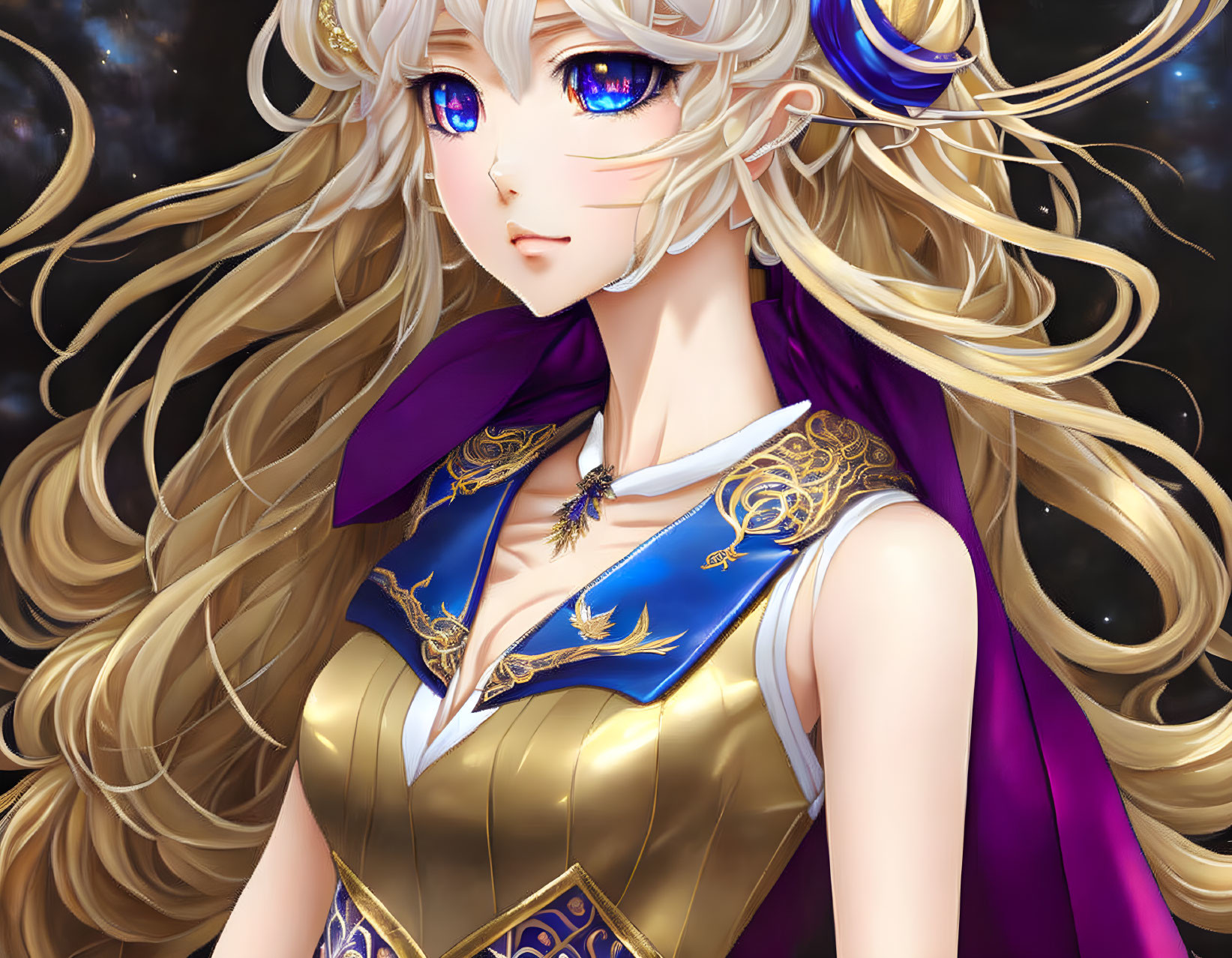 Golden-haired character in blue and gold attire with starry accents