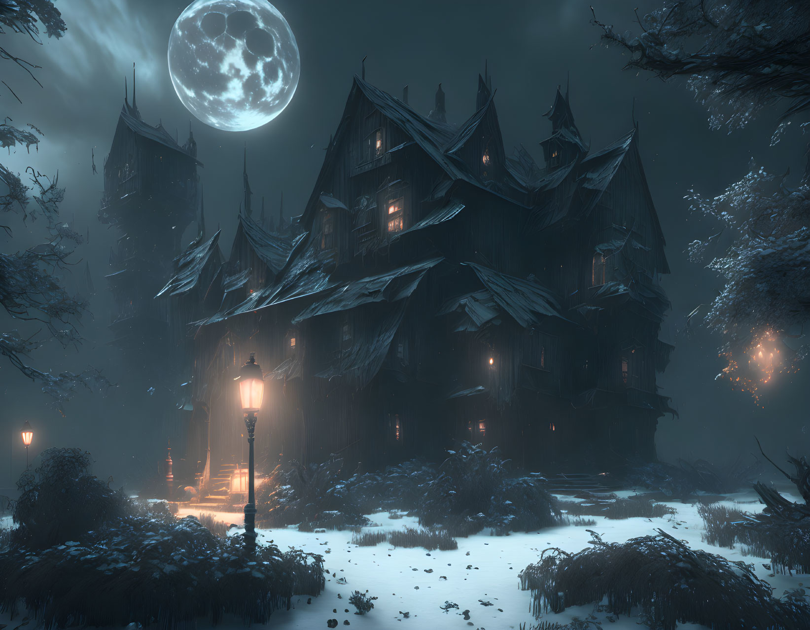 Eerie gothic mansion at night under full moon in snowy landscape