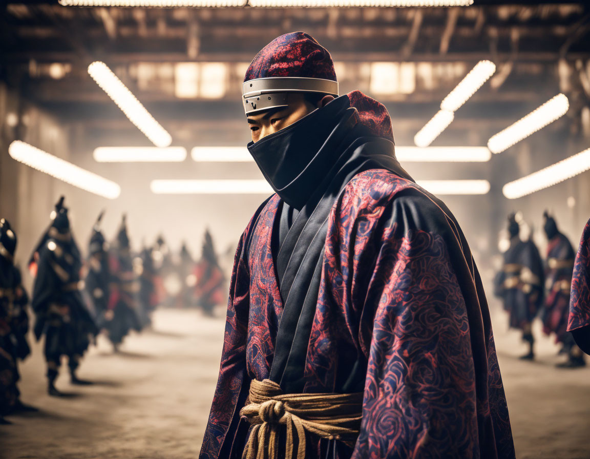 Traditional Samurai Armor and Robed Figures in Dimly Lit Setting