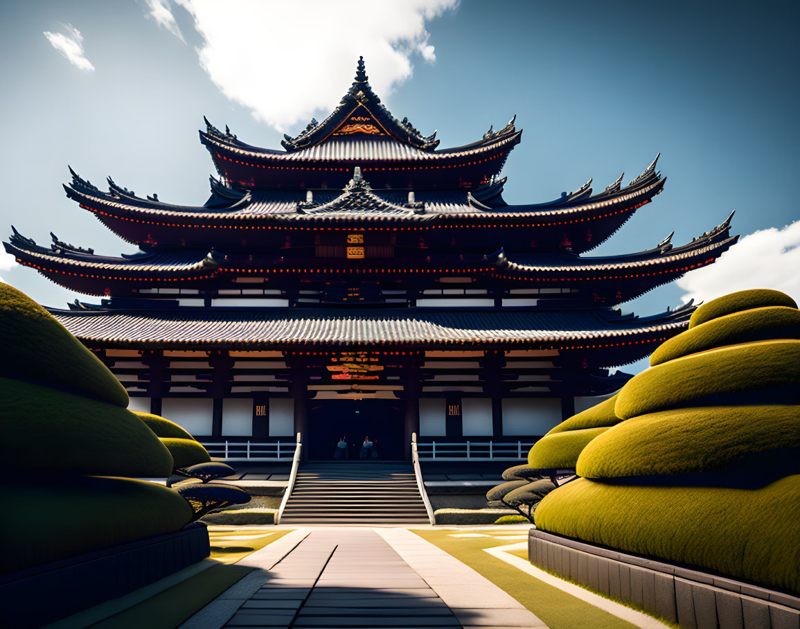 Traditional multi-tiered pagoda with upturned eaves against blue sky and green bushes.