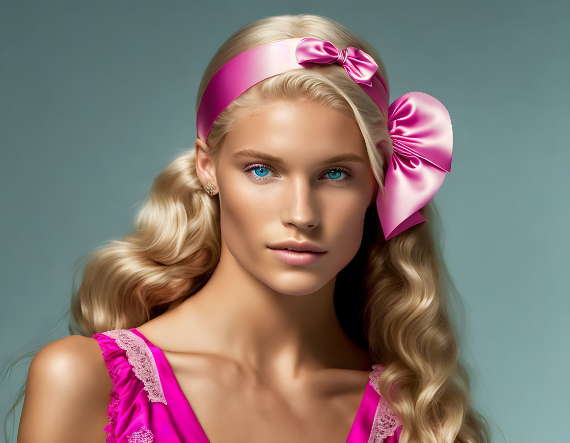 Blonde Woman with Blue Eyes and Pink Headband on Teal Background