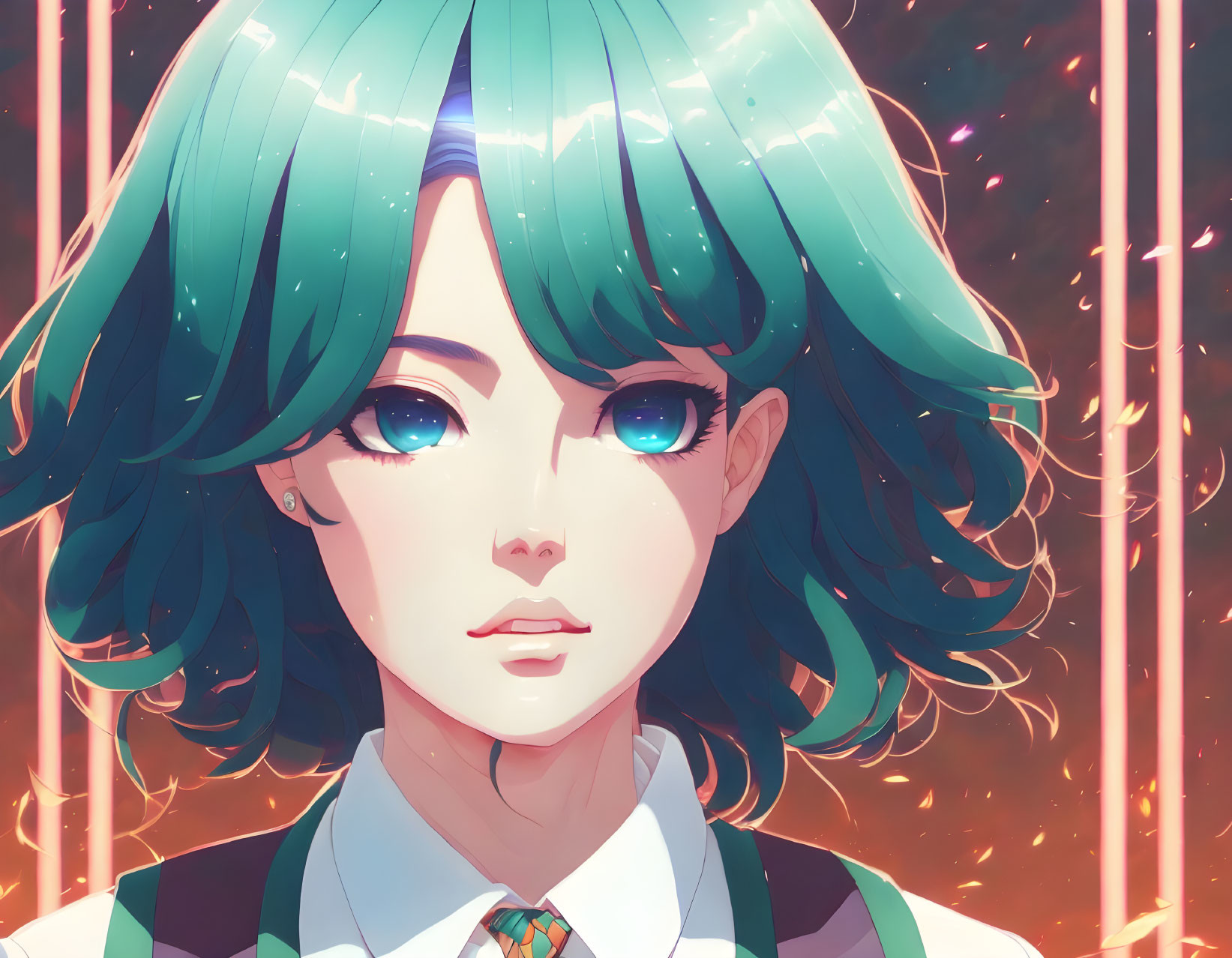 Vibrant teal-haired anime girl with glowing blue eyes on red background