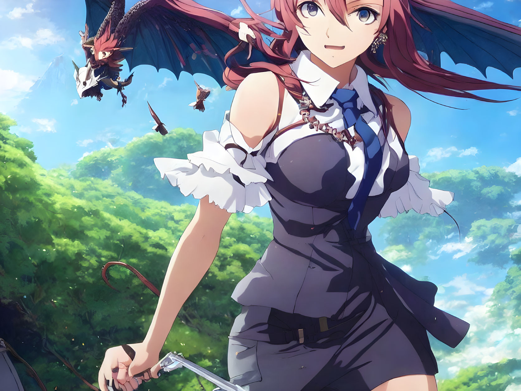 Red-haired anime girl with dragon wings wields sword in vibrant fantasy scene