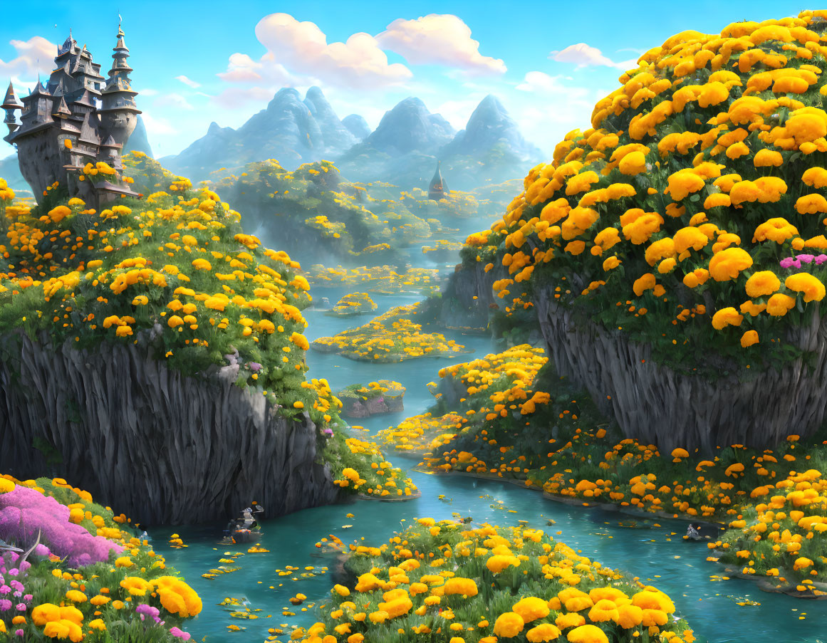 Majestic castle in vibrant fantasy landscape