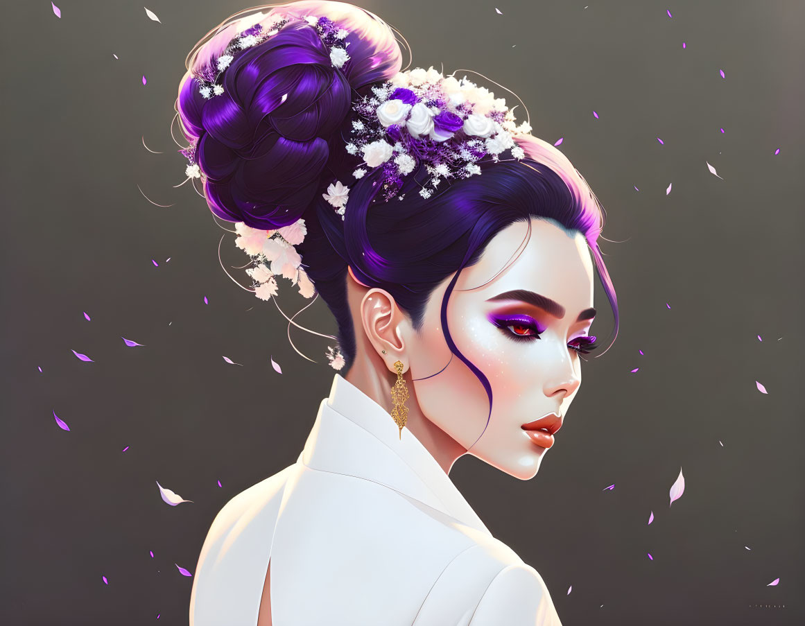 Woman with stylized updo hair, floral adornments, dramatic makeup, white garment, and floating