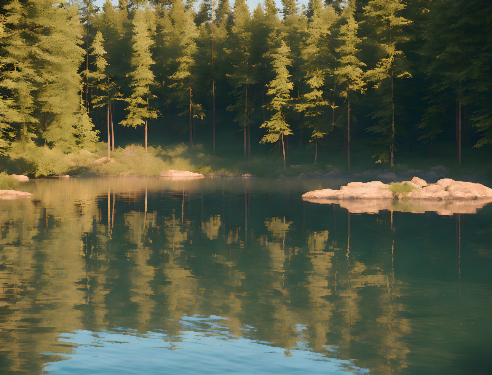 Tranquil Forest Scene: Serene Lake, Pine Trees, and Rocks Reflections