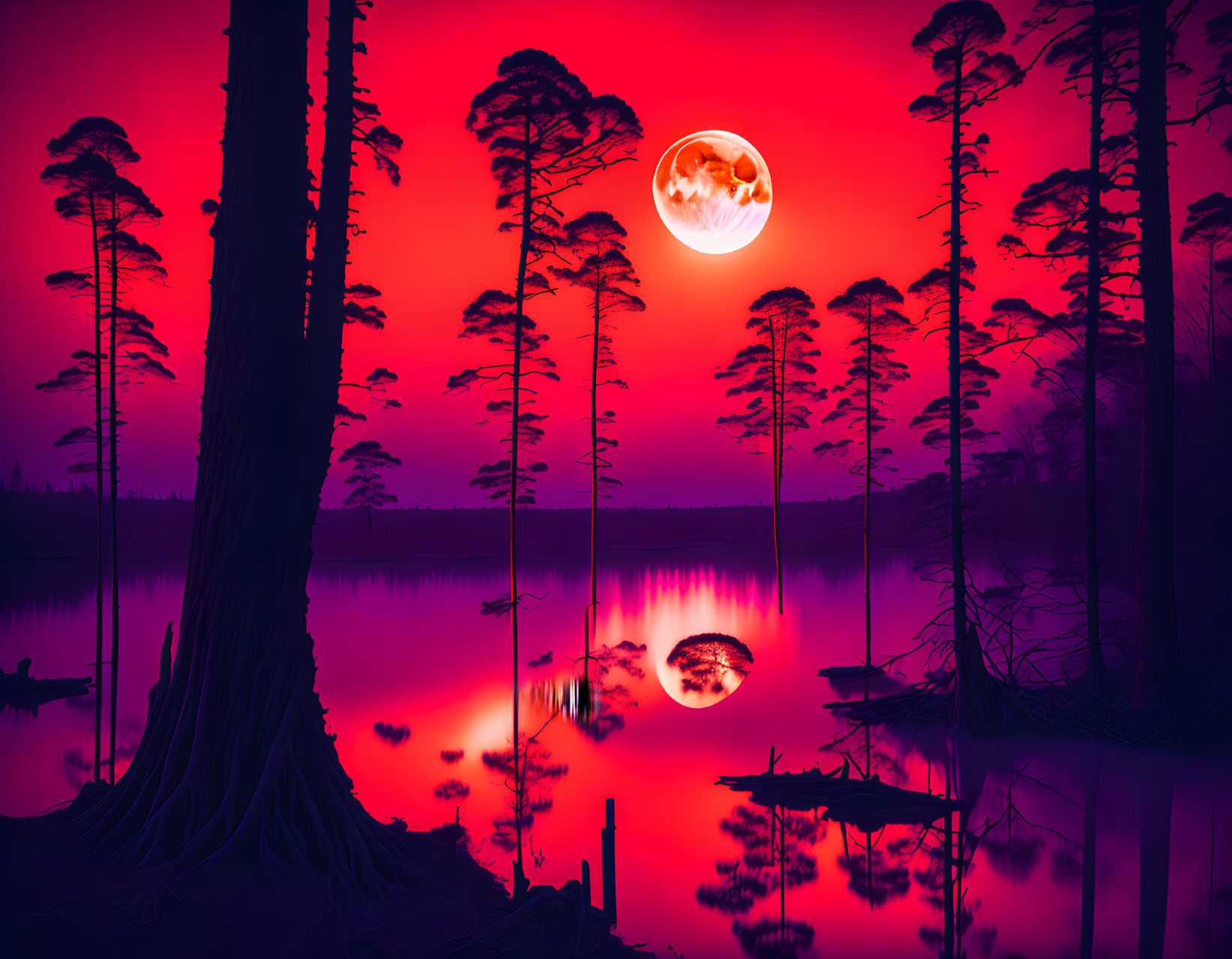 Twilight landscape with red and purple hues, pine tree silhouettes, lake reflection, and full