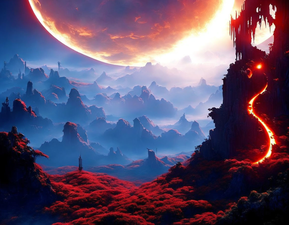 Crimson vegetation, lava flow, mountains, and looming planet landscape.