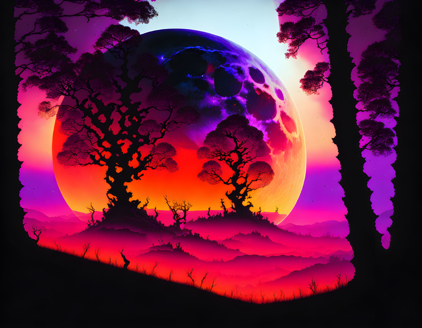 Digital artwork: Purple moon over silhouetted trees in red and purple sky