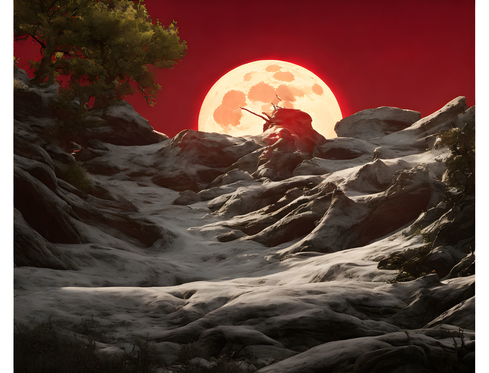 Red Figure on Rocky Terrain Under Large Red Moon in Dark Landscape