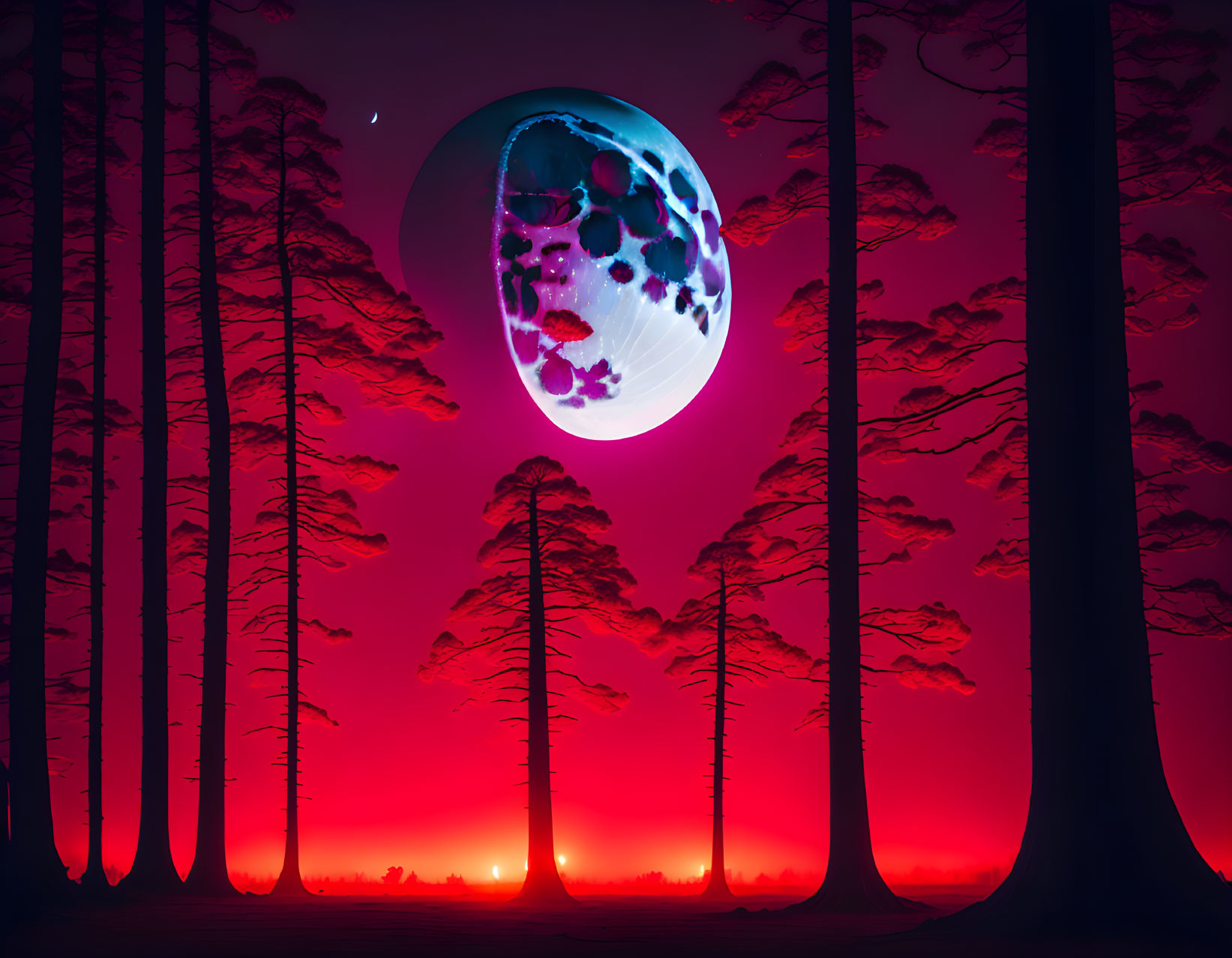 Neon-colored forest under surreal moon in magenta sky