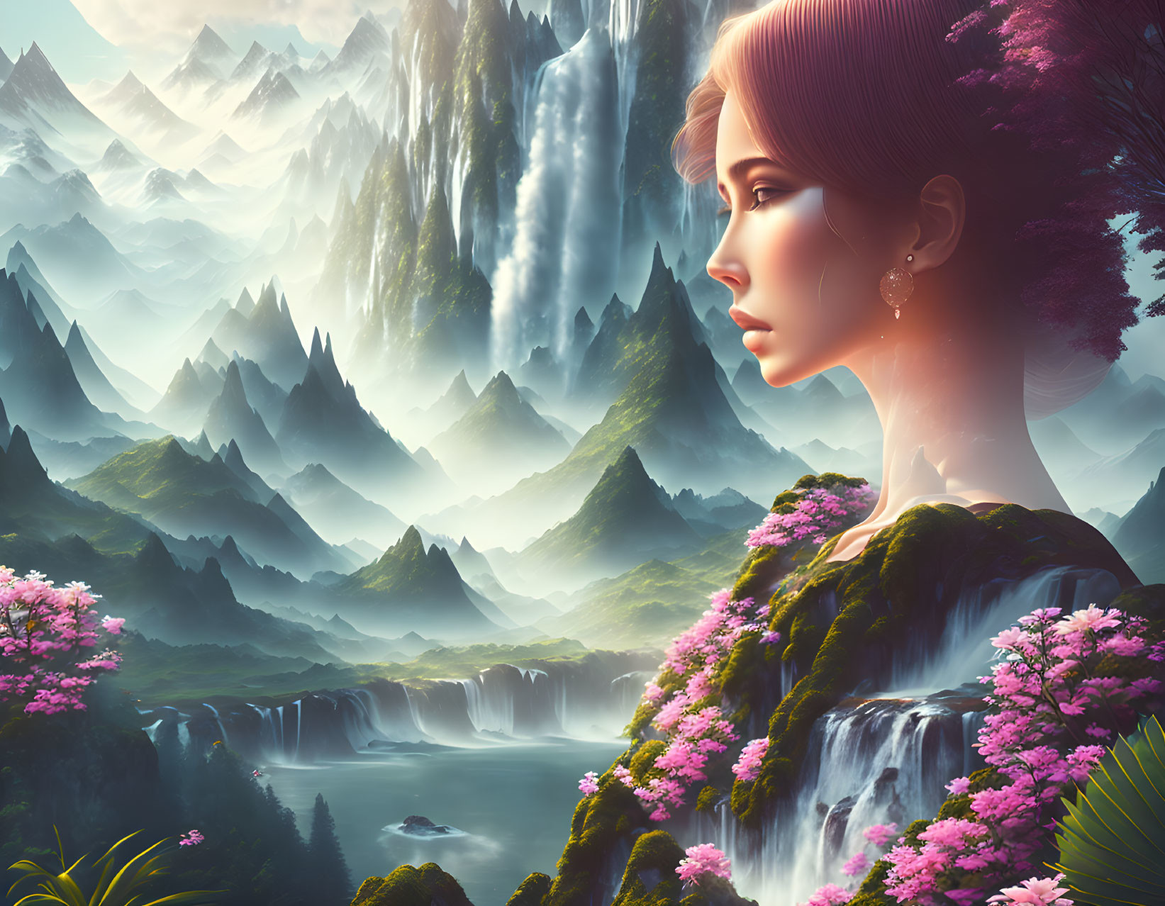 Surreal portrait merging woman's profile with serene landscape