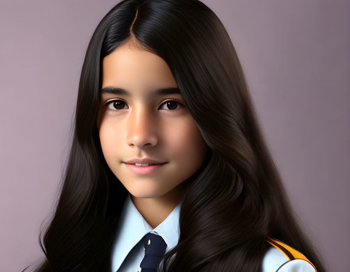 Young girl with long dark hair in white shirt and tie smiling at camera