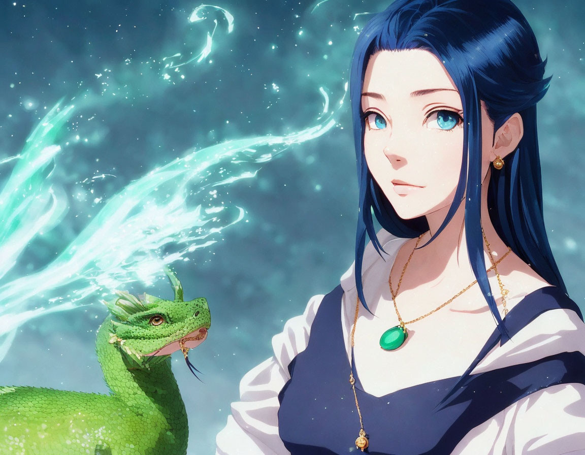 Blue-haired anime woman with blue eyes and green dragon in magical setting