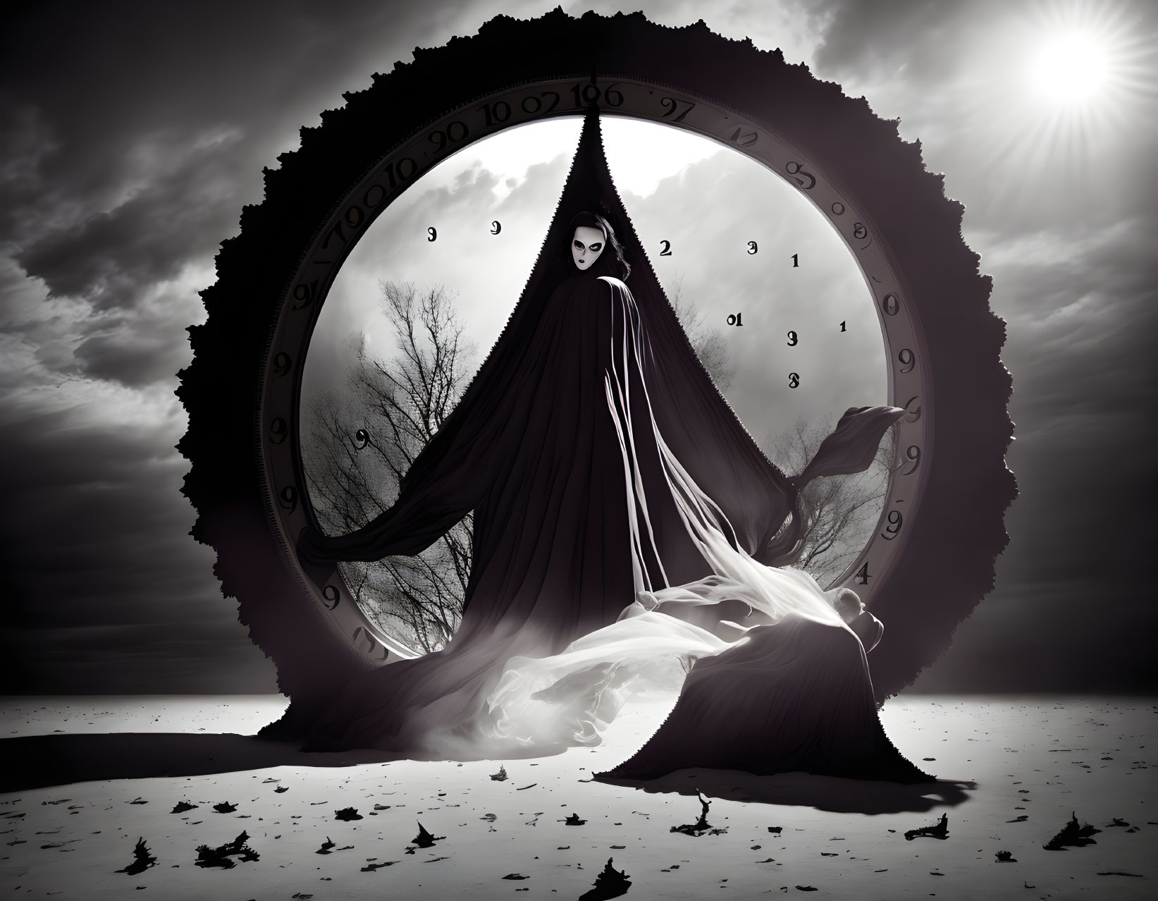 Monochromatic image of cloaked figure in clock face with surreal backdrop