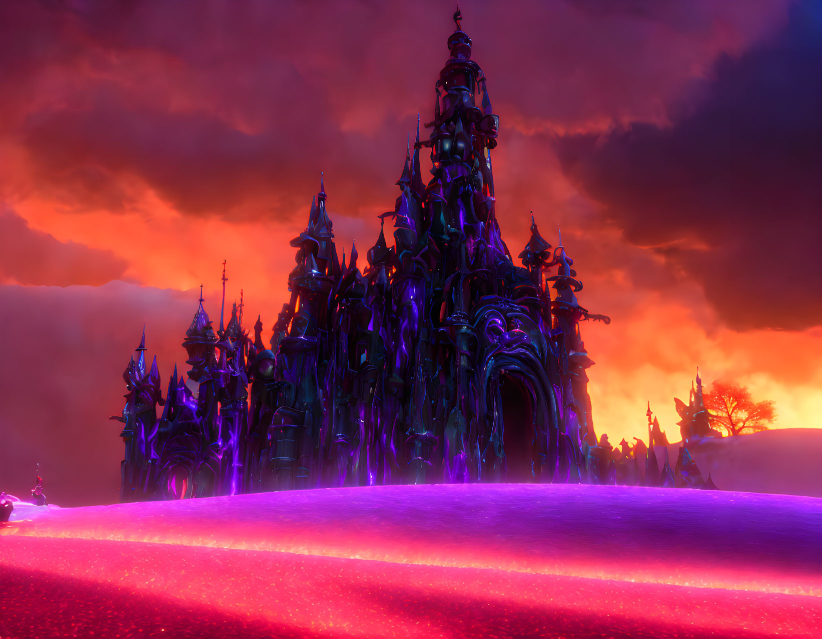 Dark castle with spires in dramatic sunset reflection on shiny crimson surface