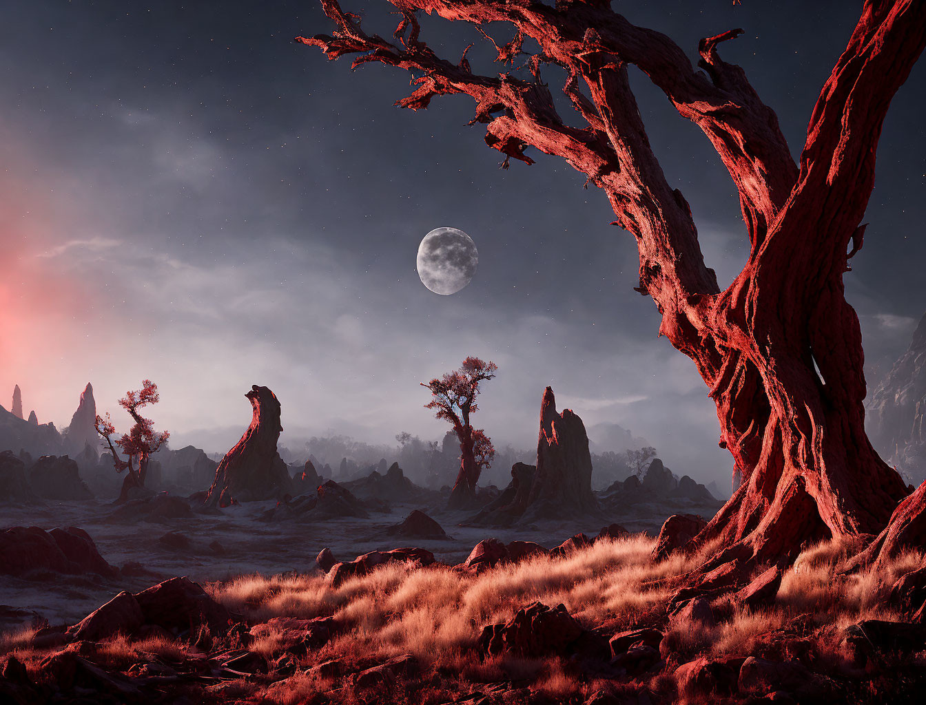 Barren trees, rocky formations, full moon in vivid red twilight.