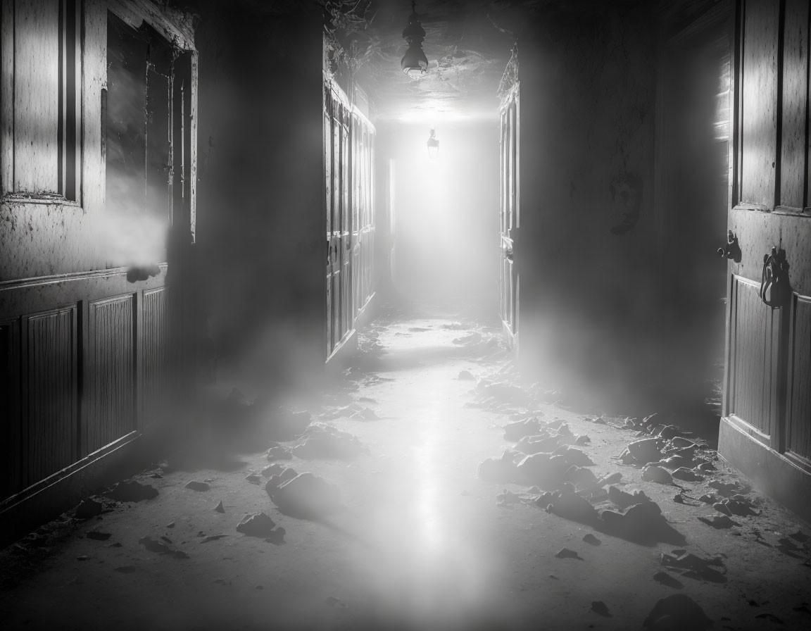 Dimly Lit Corridor with Debris and Closed Doors Leading to Bright Light