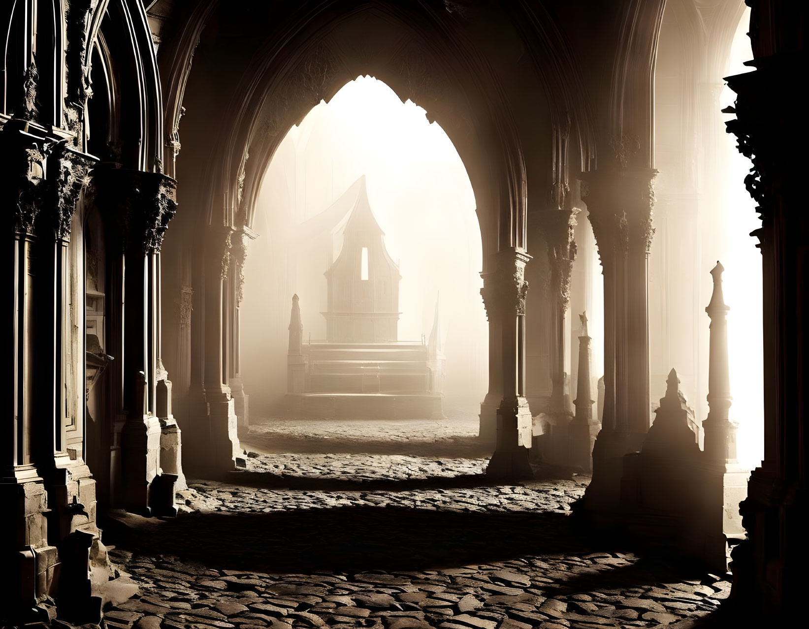 Gothic Cathedral Interior with Dramatic Arches and Central Pulpit